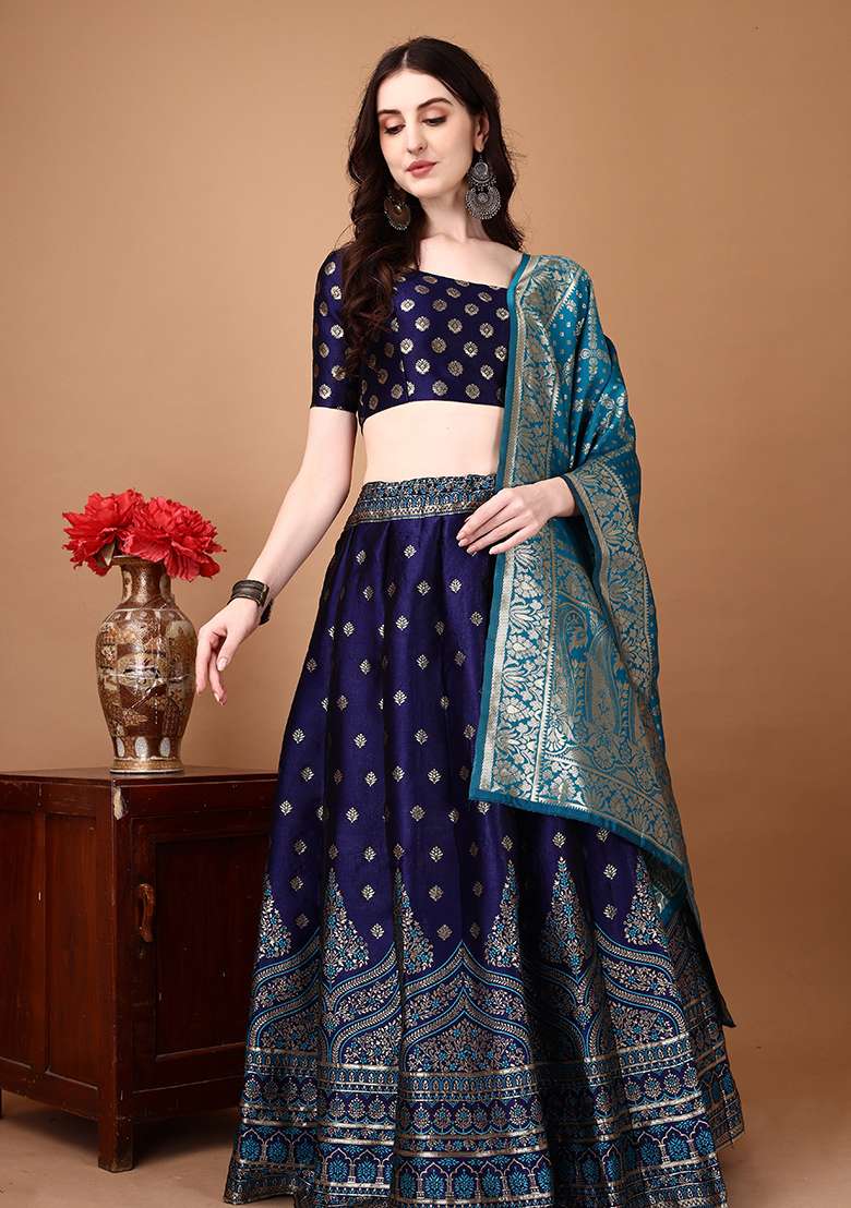 Navy Blue Embroidery Soft Jacquard Lehenga Set With Dupatta for Diwali and Festive Wear - Indya