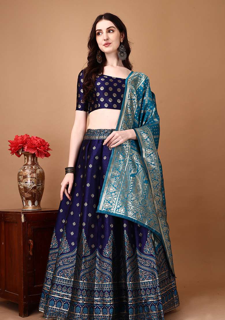 Navy Blue Embroidery Soft Jacquard Lehenga Set With Dupatta for Diwali and Festive Wear - Indya