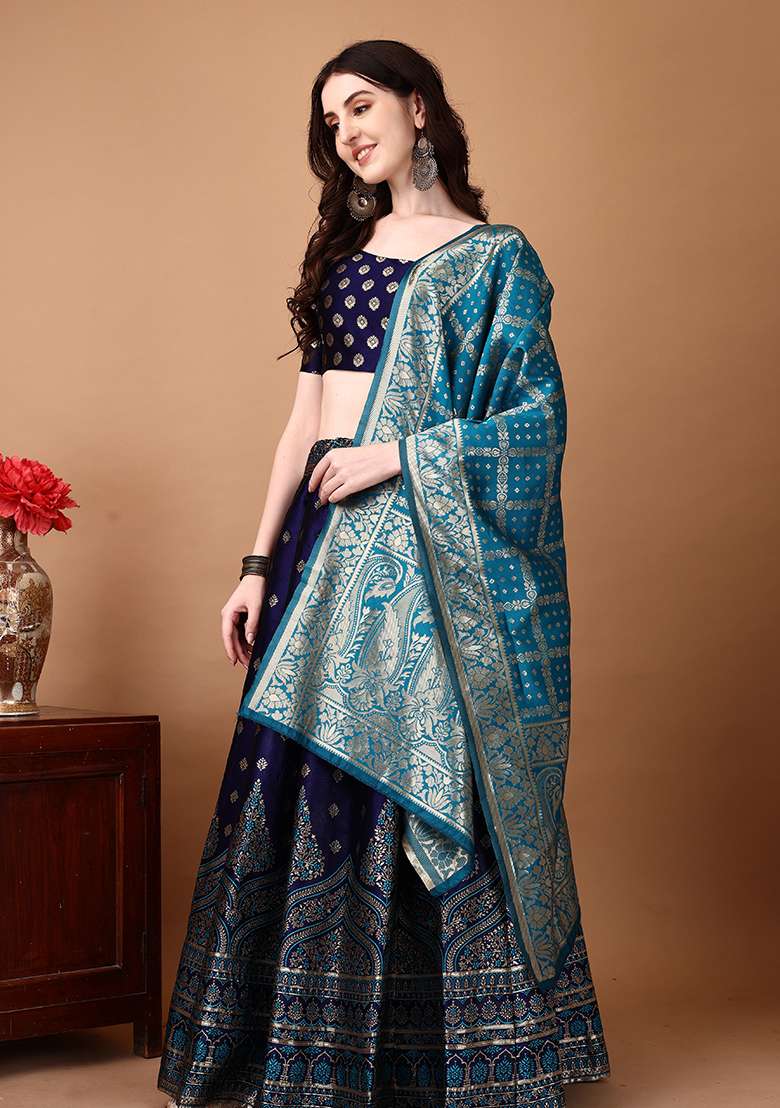 Navy Blue Embroidery Soft Jacquard Lehenga Set With Dupatta for Diwali and Festive Wear - Indya