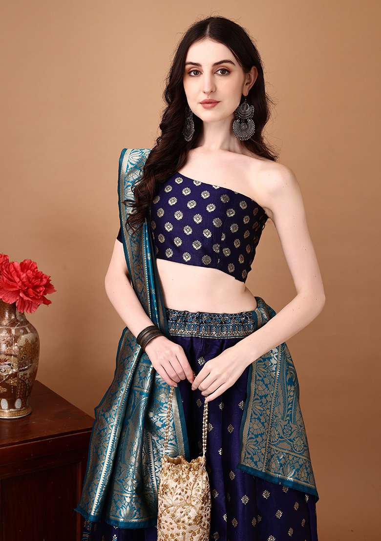 Navy Blue Embroidery Soft Jacquard Lehenga Set With Dupatta for Diwali and Festive Wear - Indya