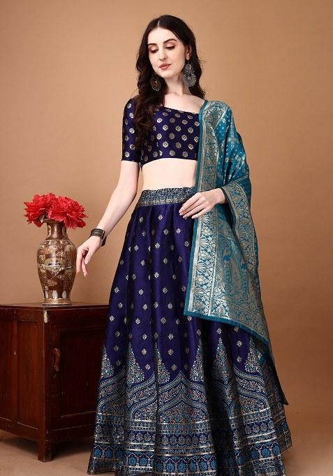 Navy Blue Embroidery Soft Jacquard Lehenga Set With Dupatta