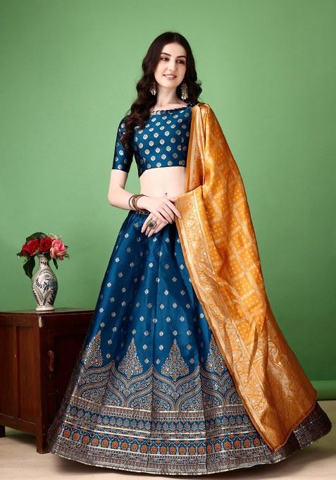 Rama Embroidery Soft Jacquard Lehenga Set With Dupatta