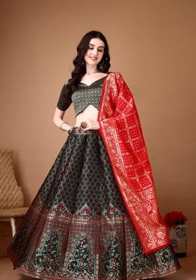 Green Embroidery Soft Jacquard Lehenga Set With Dupatta