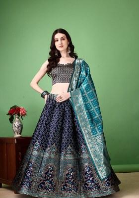 Navy Blue Embroidery Soft Jacquard Lehenga Set With Dupatta