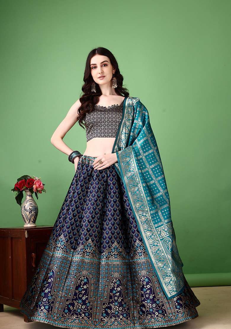 Navy Blue Soft With Dupatta Jacquard Lehenga Set with Embroidery for Diwali | Wedding & Festive Wear - Indya