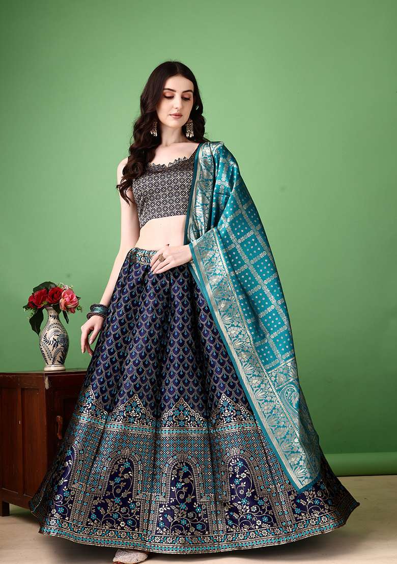 Navy Blue Soft With Dupatta Jacquard Lehenga Set with Embroidery for Diwali | Wedding & Festive Wear - Indya