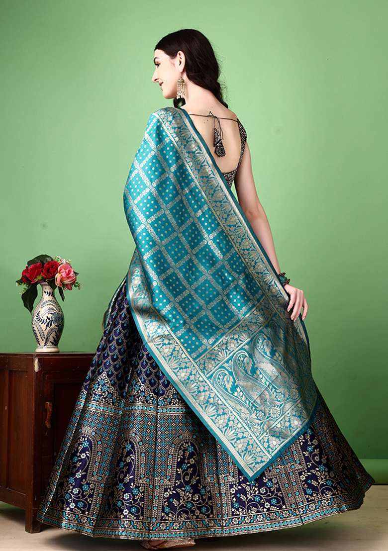 Navy Blue Soft With Dupatta Jacquard Lehenga Set with Embroidery for Diwali | Wedding & Festive Wear - Indya