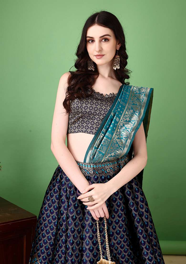 Navy Blue Soft With Dupatta Jacquard Lehenga Set with Embroidery for Diwali | Wedding & Festive Wear - Indya