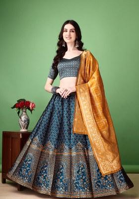 Teal Embroidery Soft Jacquard Lehenga Set With Dupatta