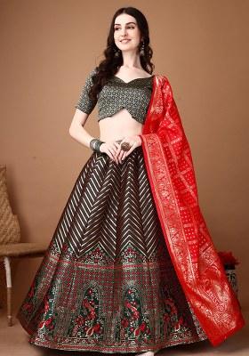 Green Embroidery Soft Jacquard Lehenga Set With Dupatta