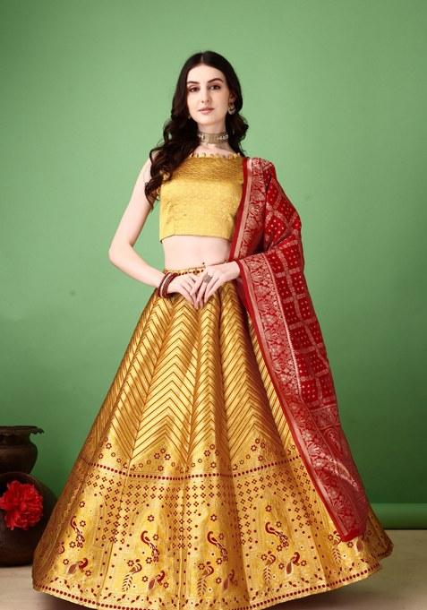 Yellow Embroidery Soft Jacquard Lehenga Set With Dupatta