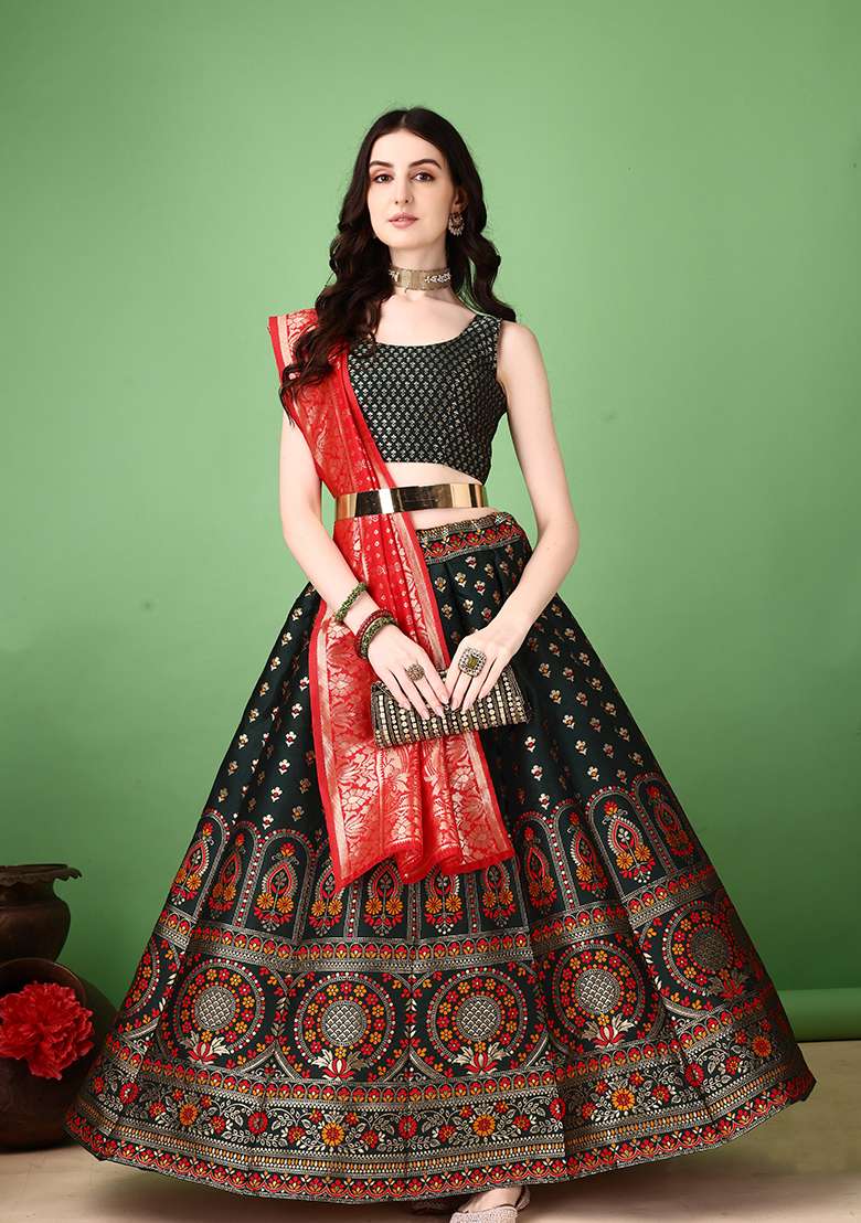 Green Soft With Dupatta Jacquard Lehenga Set with Embroidery for Diwali | Wedding & Festive Wear - Indya