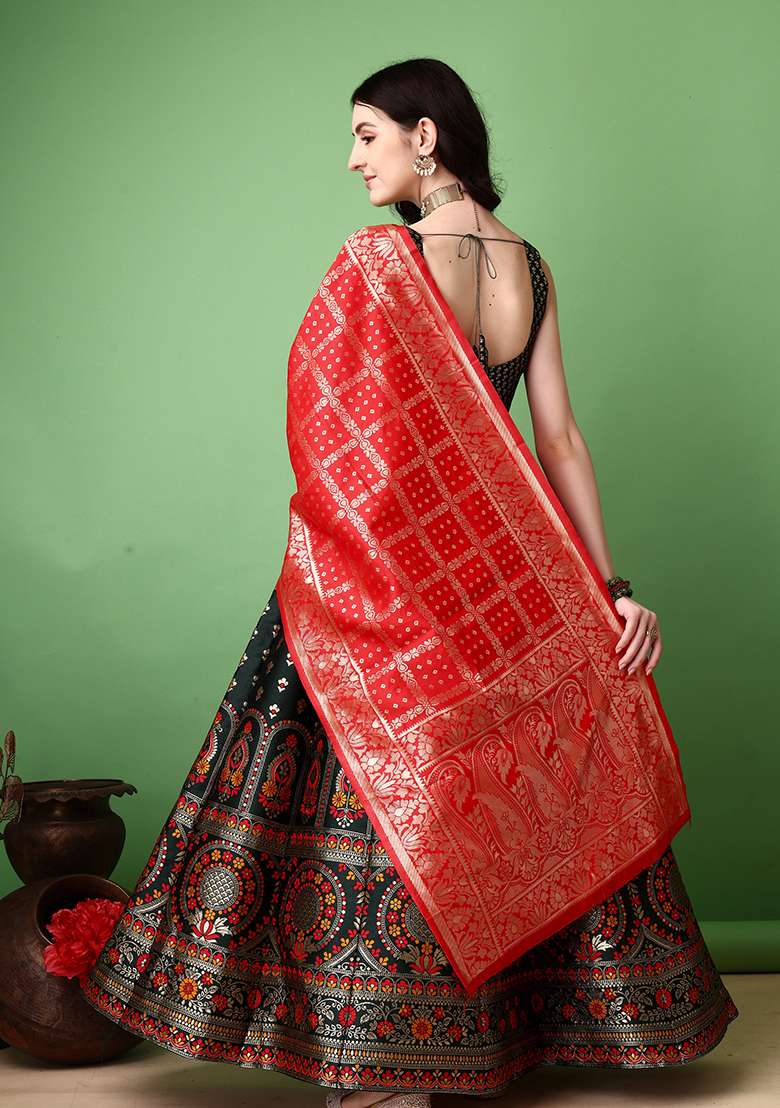 Green Soft With Dupatta Jacquard Lehenga Set with Embroidery for Diwali | Wedding & Festive Wear - Indya