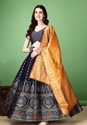 Blue Embroidery Soft Jacquard Lehenga Set With Dupatta