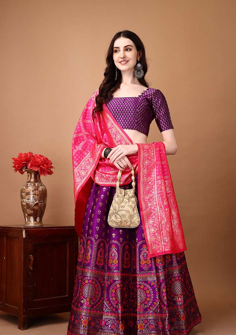Purple Embroidery Soft Jacquard Lehenga Set With Dupatta for Diwali and Festive Wear - Indya