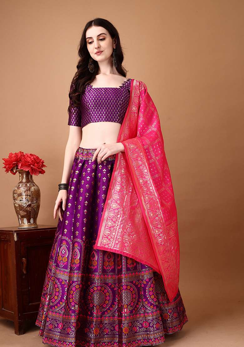 Purple Embroidery Soft Jacquard Lehenga Set With Dupatta for Diwali and Festive Wear - Indya