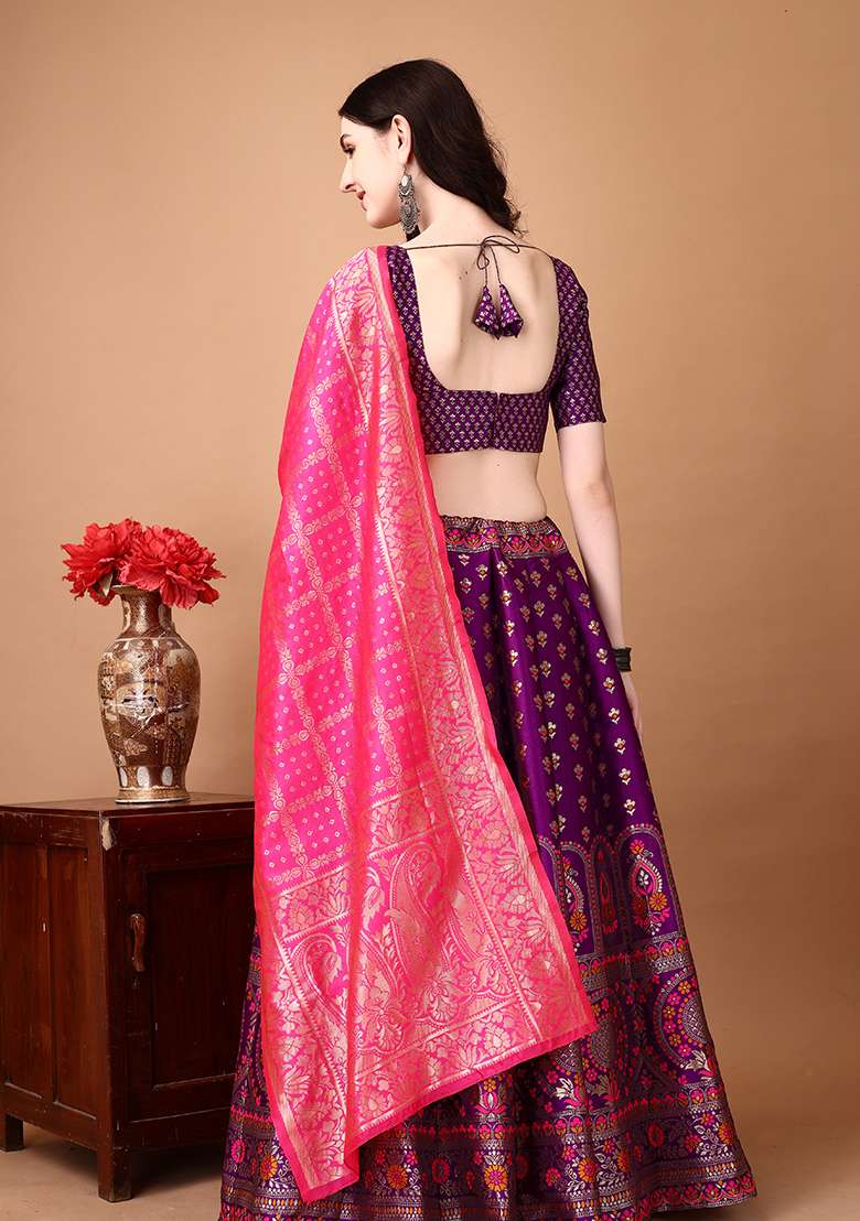 Purple Embroidery Soft Jacquard Lehenga Set With Dupatta for Diwali and Festive Wear - Indya