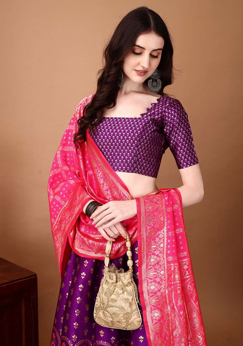 Purple Embroidery Soft Jacquard Lehenga Set With Dupatta for Diwali and Festive Wear - Indya