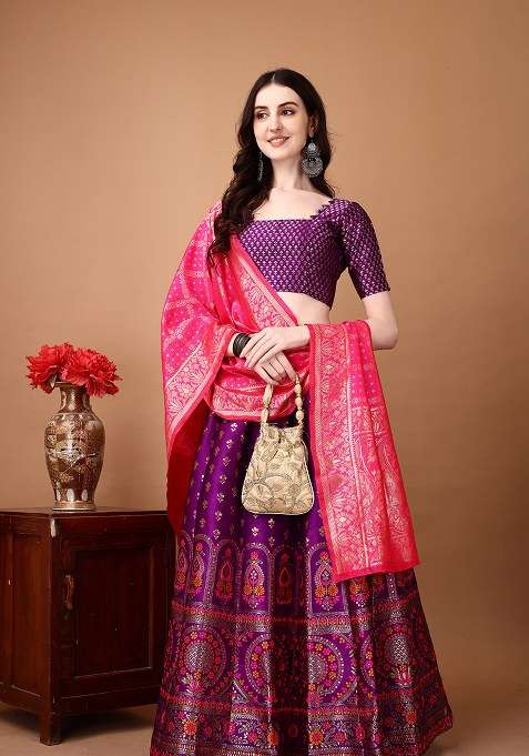 Purple Embroidery Soft Jacquard Lehenga Set With Dupatta for Diwali and Festive Wear