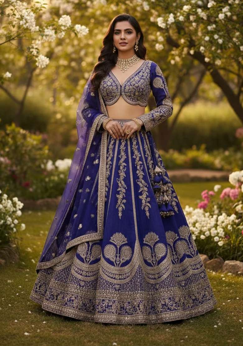 Blue Embroidery Silk Blend Lehenga Set With Dupatta for Diwali and Festive Wear - Indya