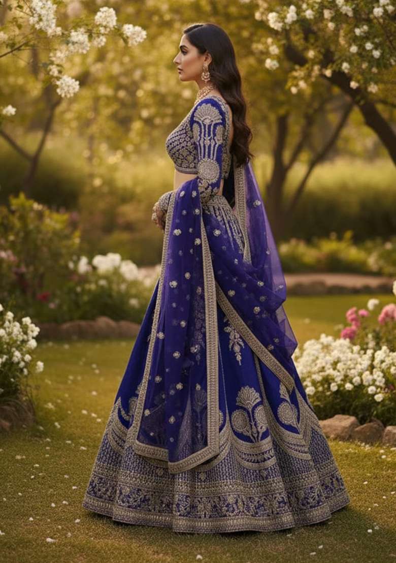Blue Embroidery Silk Blend Lehenga Set With Dupatta for Diwali and Festive Wear - Indya