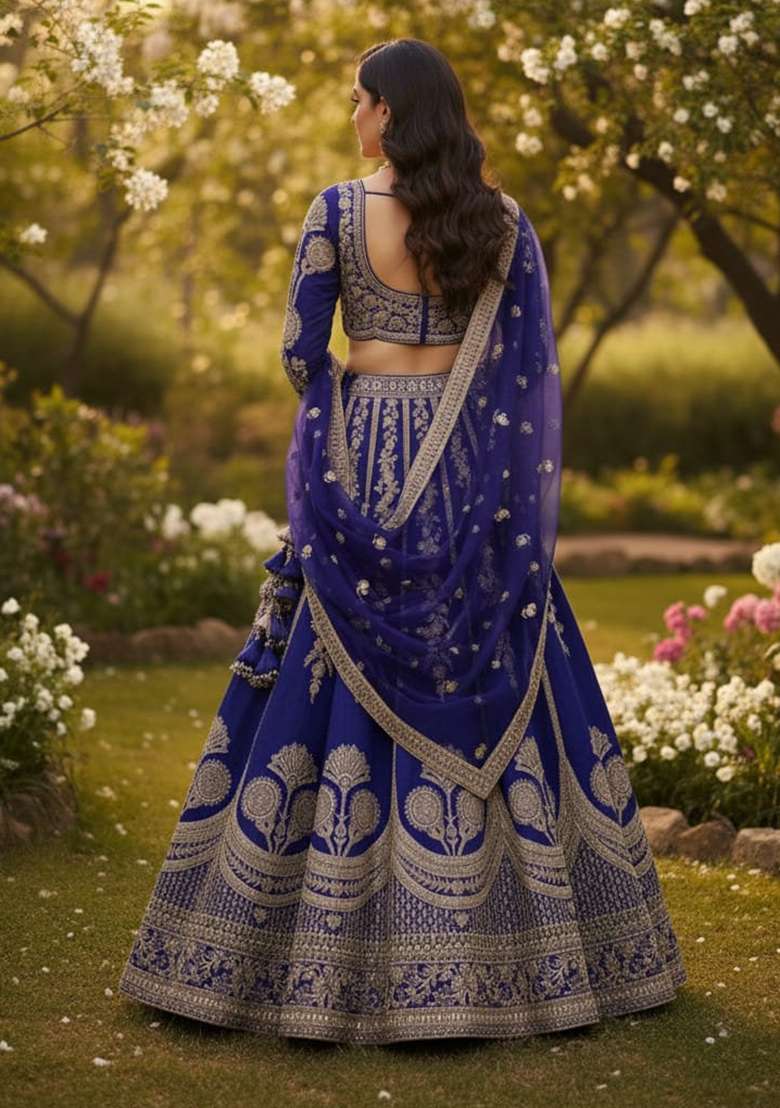 Blue Embroidery Silk Blend Lehenga Set With Dupatta for Diwali and Festive Wear - Indya