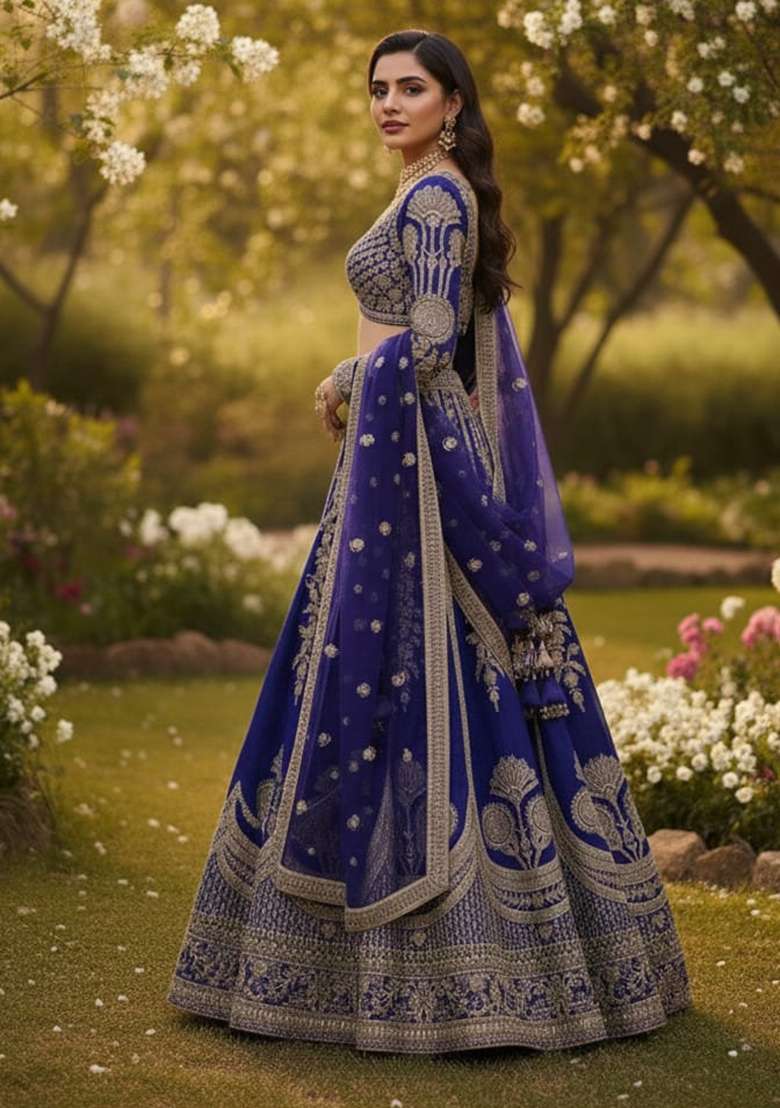 Blue Embroidery Silk Blend Lehenga Set With Dupatta for Diwali and Festive Wear - Indya