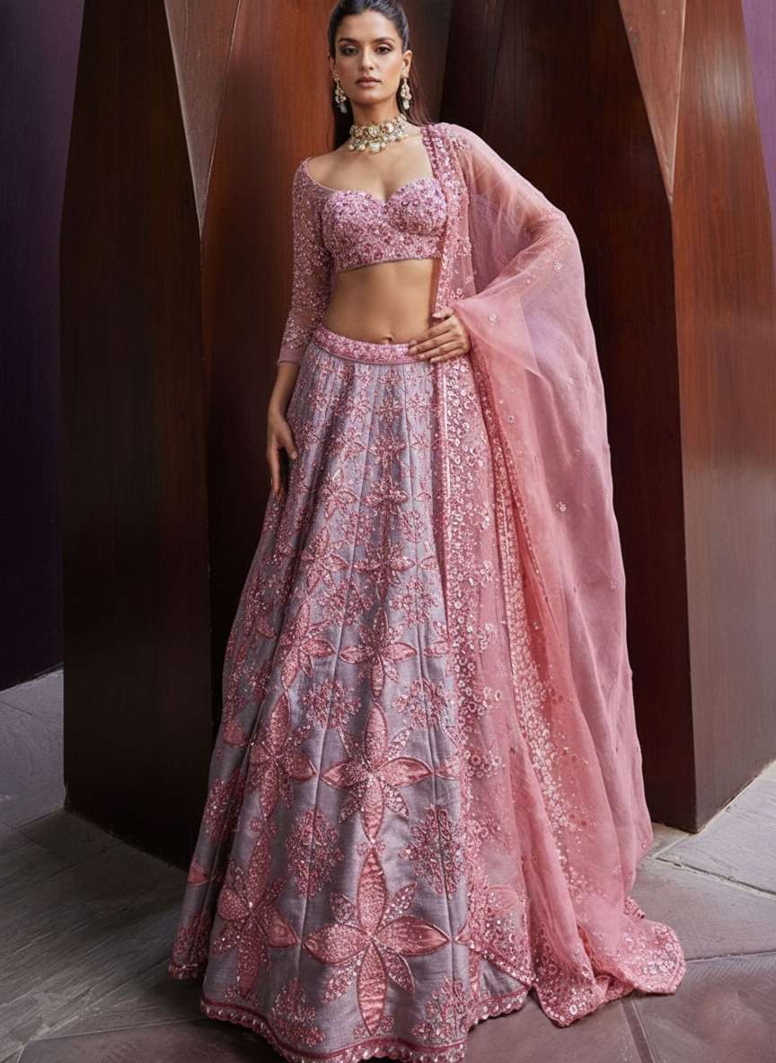 Peach Embroidery Silk Blend Lehenga Set With Dupatta for Diwali and Festive Wear - Indya