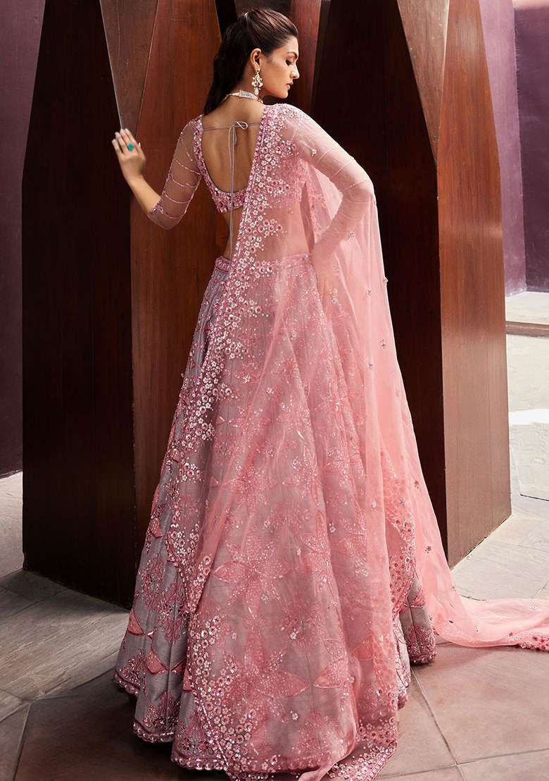 Peach Embroidery Silk Blend Lehenga Set With Dupatta for Diwali and Festive Wear - Indya
