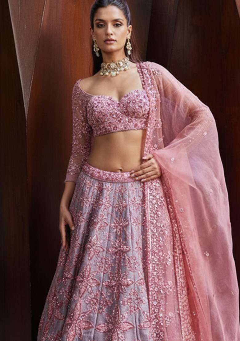 Peach Embroidery Silk Blend Lehenga Set With Dupatta for Diwali and Festive Wear - Indya