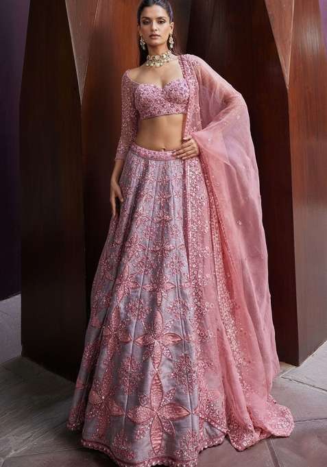 Peach Embroidery Silk Blend Lehenga Set With Dupatta for Diwali and Festive Wear