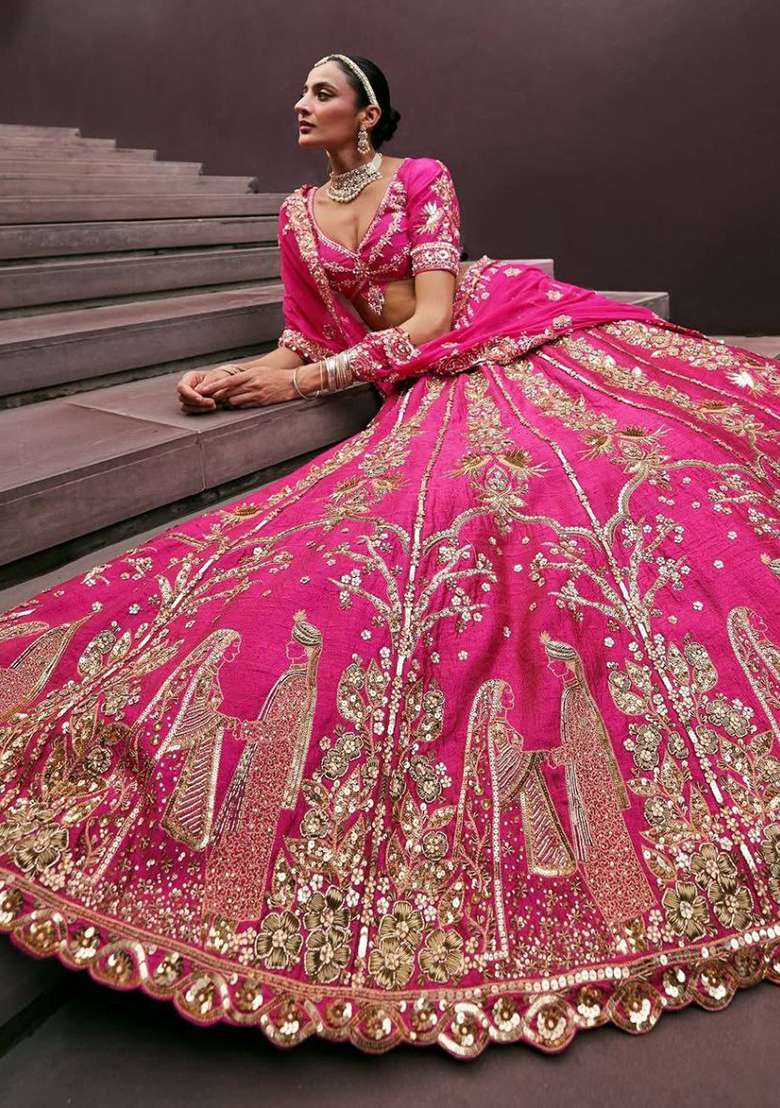 Rani Pink With Dupatta Silk Blend Lehenga Set with Embroidery for Diwali | Wedding & Festive Wear - Indya