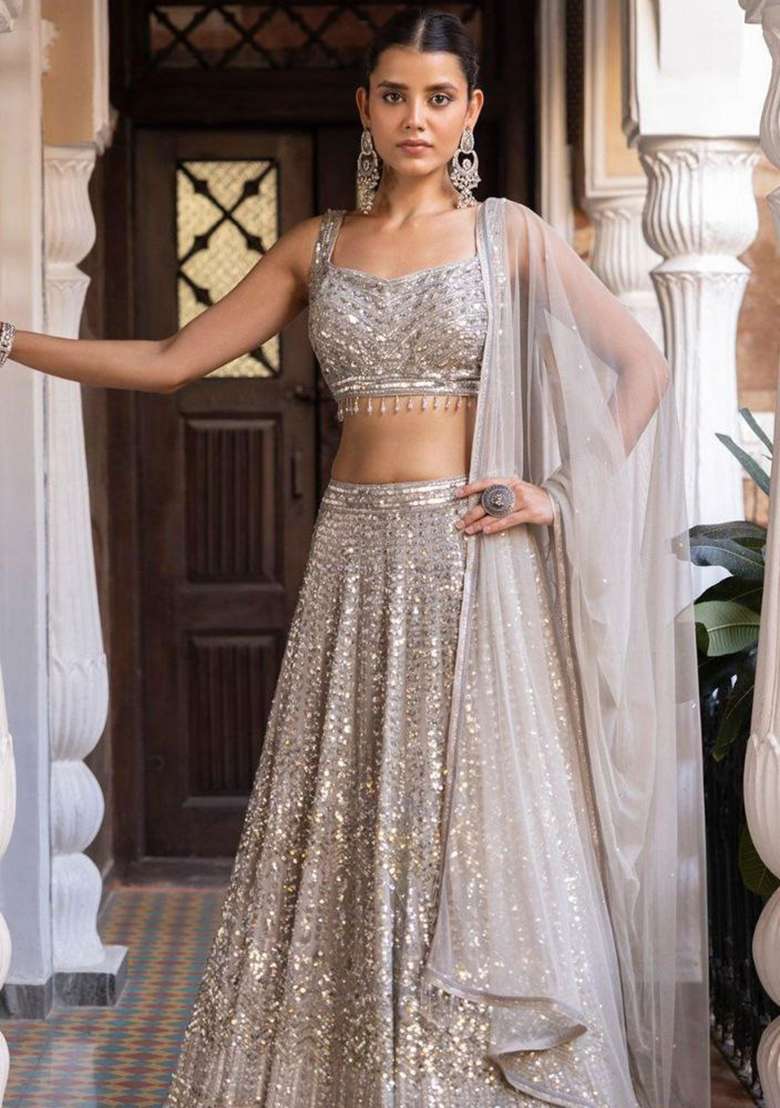 Silver Embroidery Silk Blend Lehenga Set With Dupatta for Diwali and Festive Wear - Indya