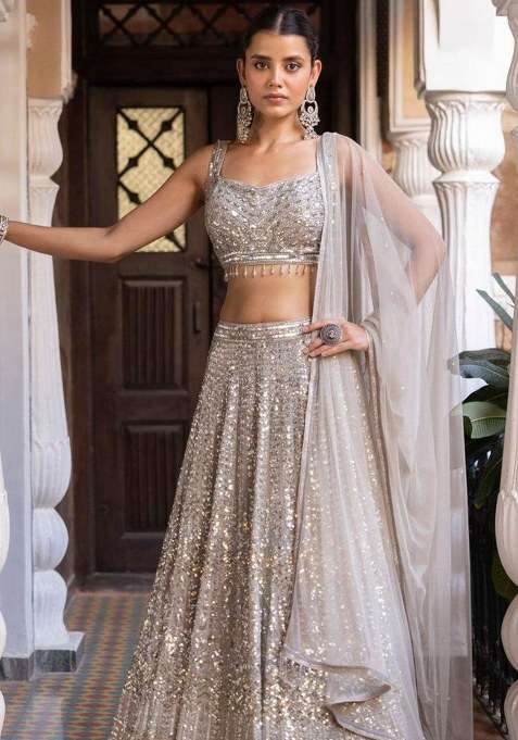 Silver Embroidery Silk Blend Lehenga Set With Dupatta for Diwali and Festive Wear