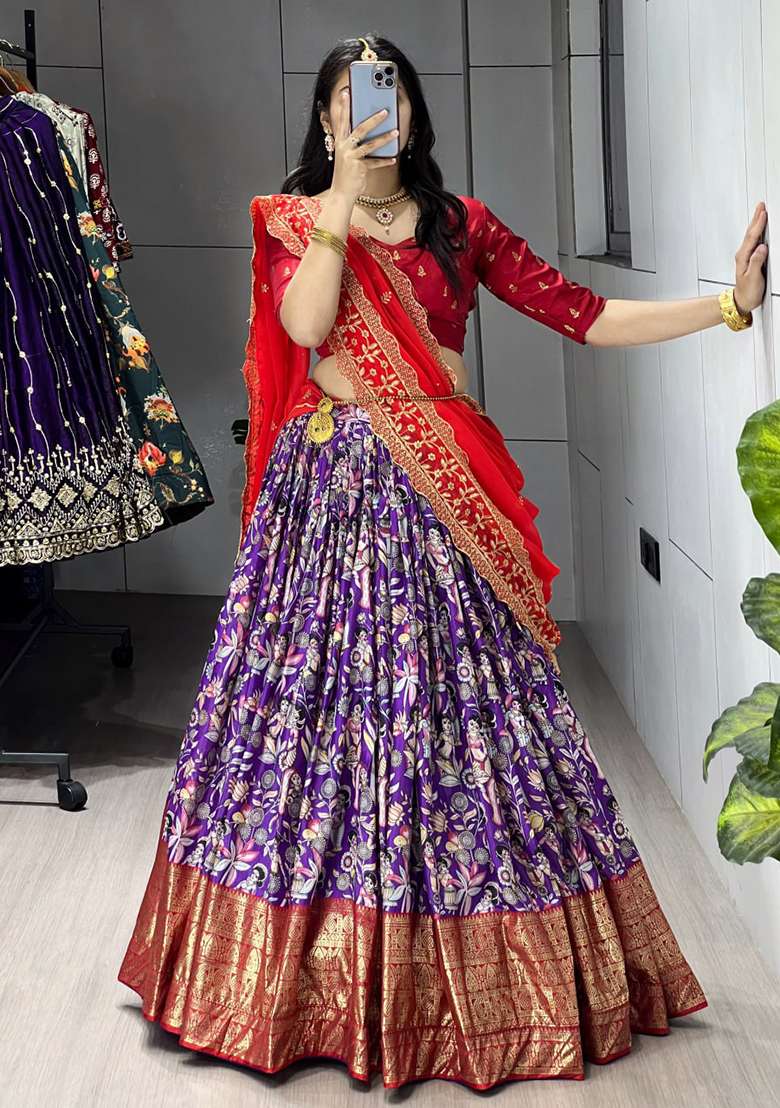 Purple Printed Silk Lehenga Set With Dupatta - Indya