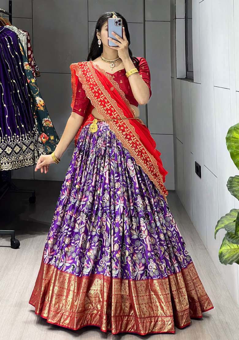 Purple Printed Silk Lehenga Set With Dupatta - Indya