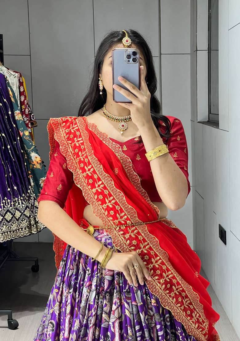 Purple Printed Silk Lehenga Set With Dupatta - Indya