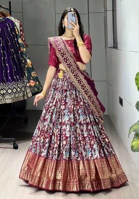 Wine Printed Silk Lehenga Set With Dupatta