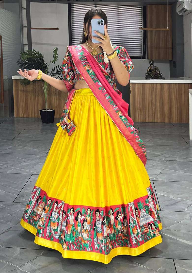 Yellow Printed Silk Lehenga Set With Dupatta - Indya