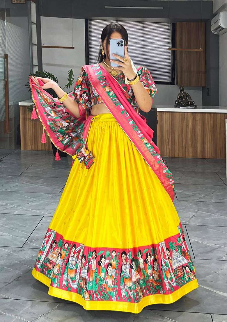 Yellow Printed Silk Lehenga Set With Dupatta - Indya