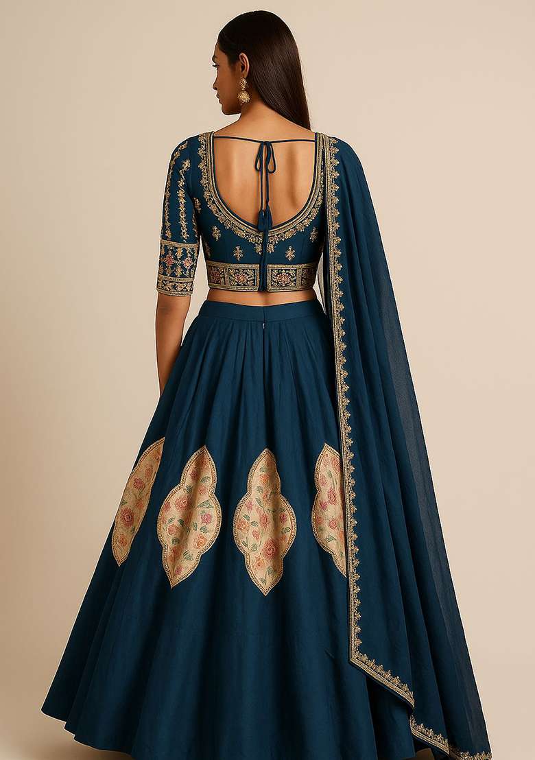 Navy Blue Embroidery Silk Blend Lehenga Set With Dupatta - Indya