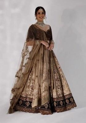 Cream Sequins And Thread Work Silk Blend Lehenga Set With Dupatta