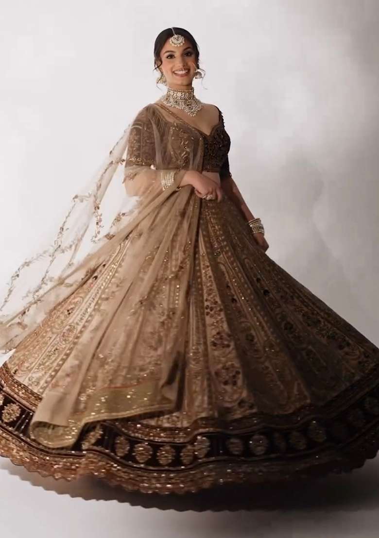 Cream Sequins And Thread Work Silk Blend Lehenga Set With Dupatta - Indya