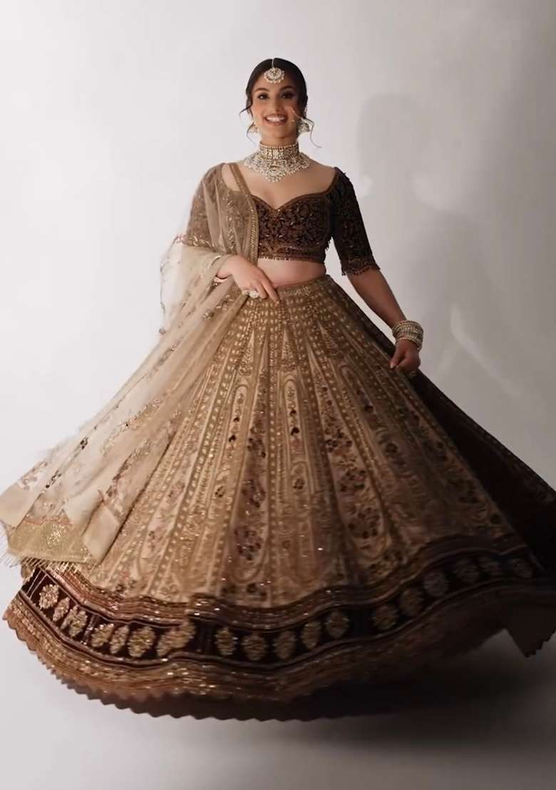 Cream Sequins And Thread Work Silk Blend Lehenga Set With Dupatta - Indya
