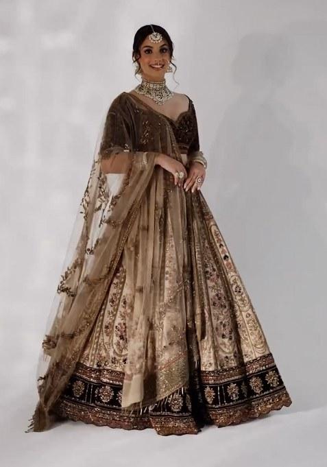Cream Sequins And Thread Work Silk Lehenga Set With Dupatta — view on Indya