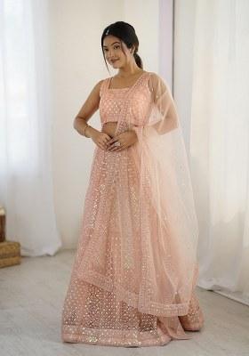Peach Sequins And Dori Work Net Lehenga Set With Dupatta