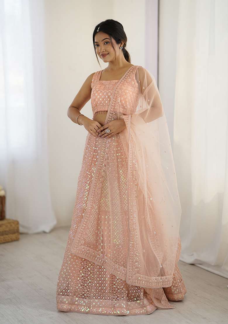 Peach And Dori Work With Dupatta Net Lehenga Set with Sequins for Diwali | Wedding & Festive Wear - Indya