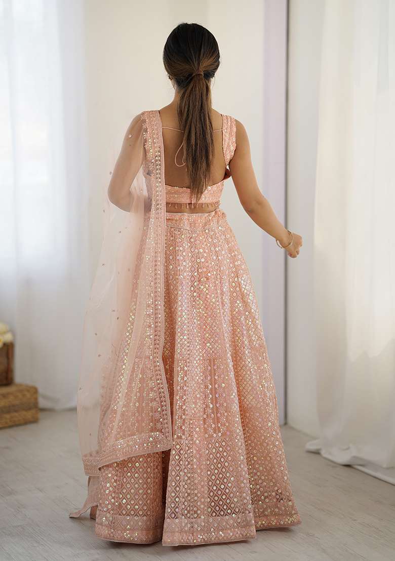 Peach And Dori Work With Dupatta Net Lehenga Set with Sequins for Diwali | Wedding & Festive Wear - Indya