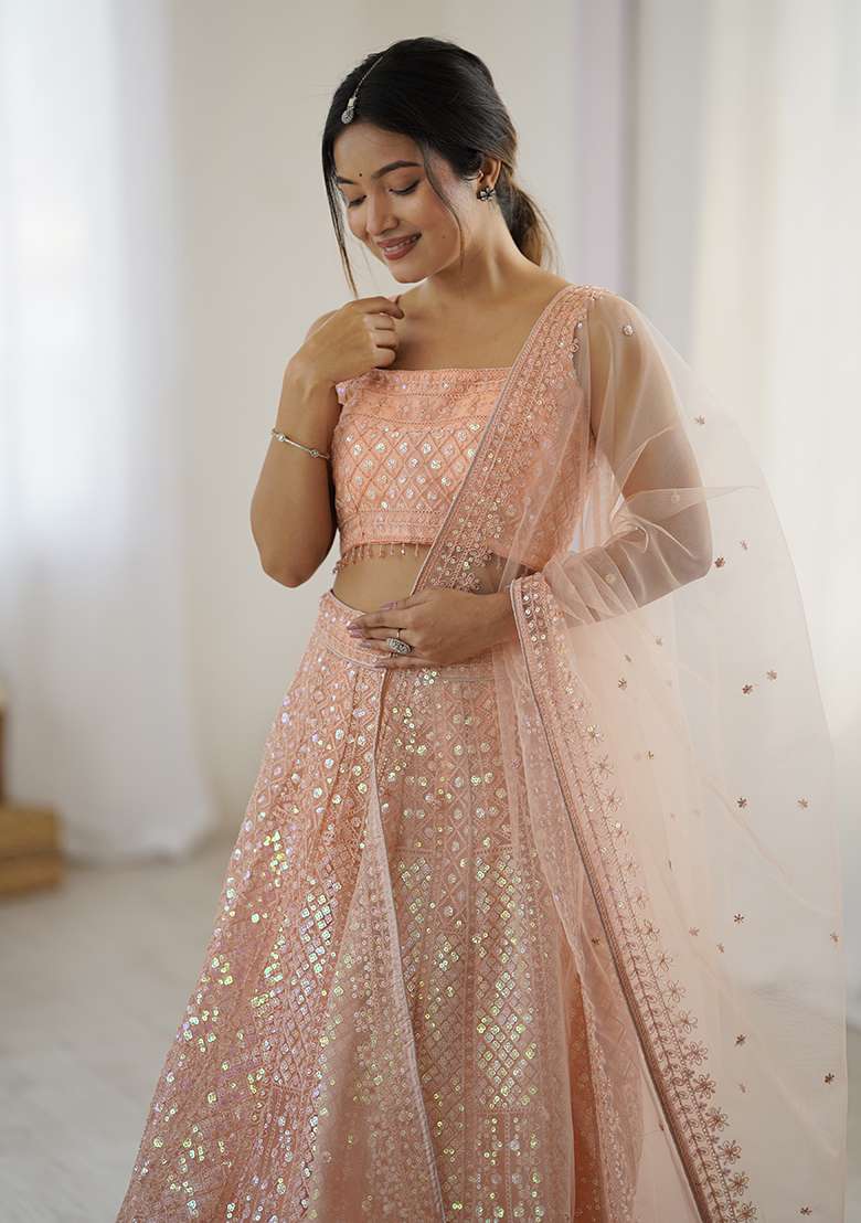 Peach And Dori Work With Dupatta Net Lehenga Set with Sequins for Diwali | Wedding & Festive Wear - Indya