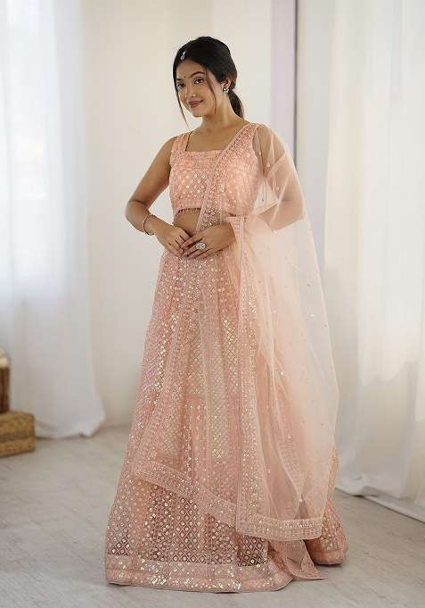 Peach And Dori Work With Dupatta Net Lehenga Set with Sequins for Diwali | Wedding & Festive Wear
